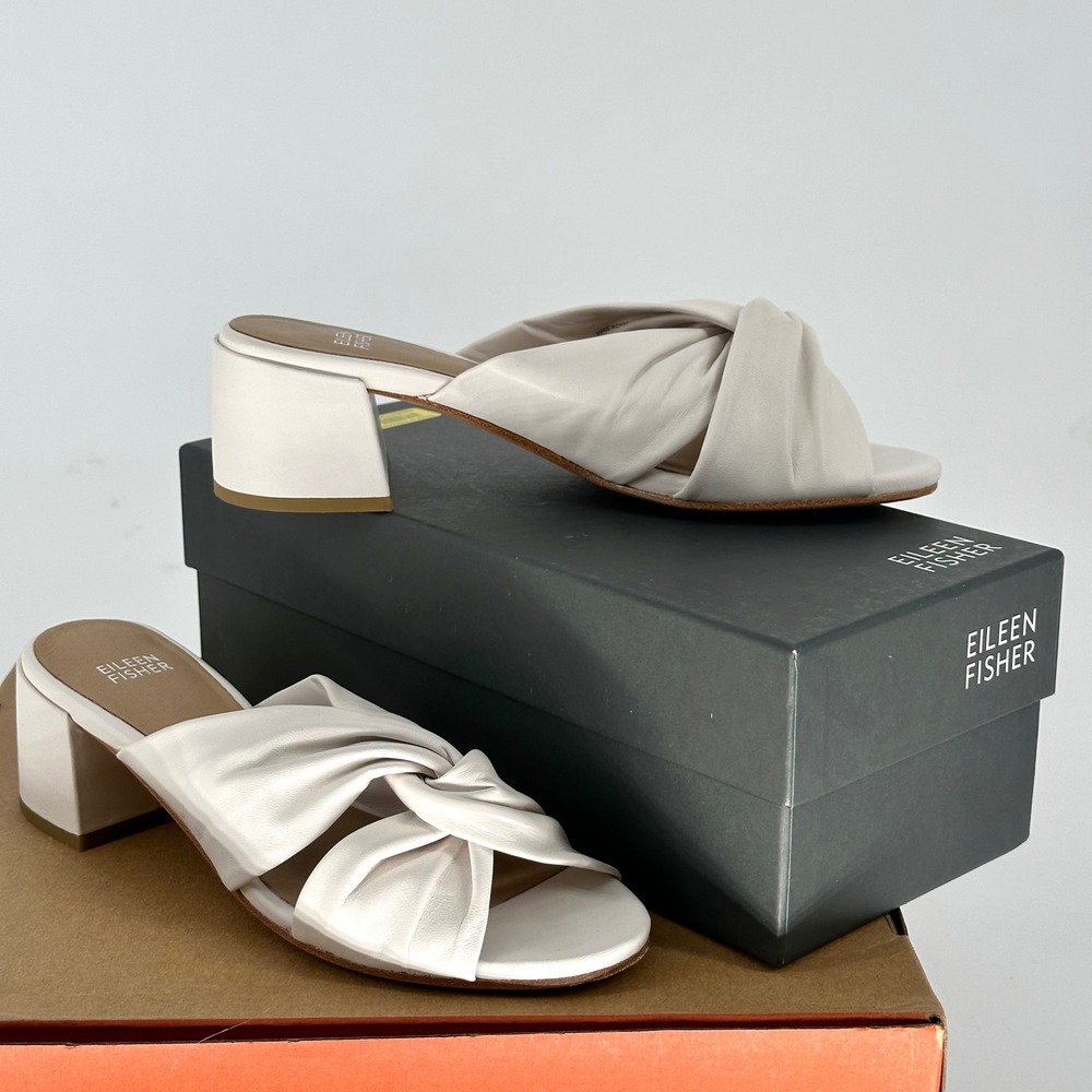 Eileen Fisher Bone Vow Nappa Leather Mule Sandal 2" Heel 9 M Summer Party $210